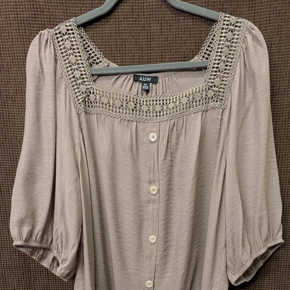 AUW Womens Plus Size Lace Embellished Brown Clouse Short Sleeve - Picture 1 of 6
